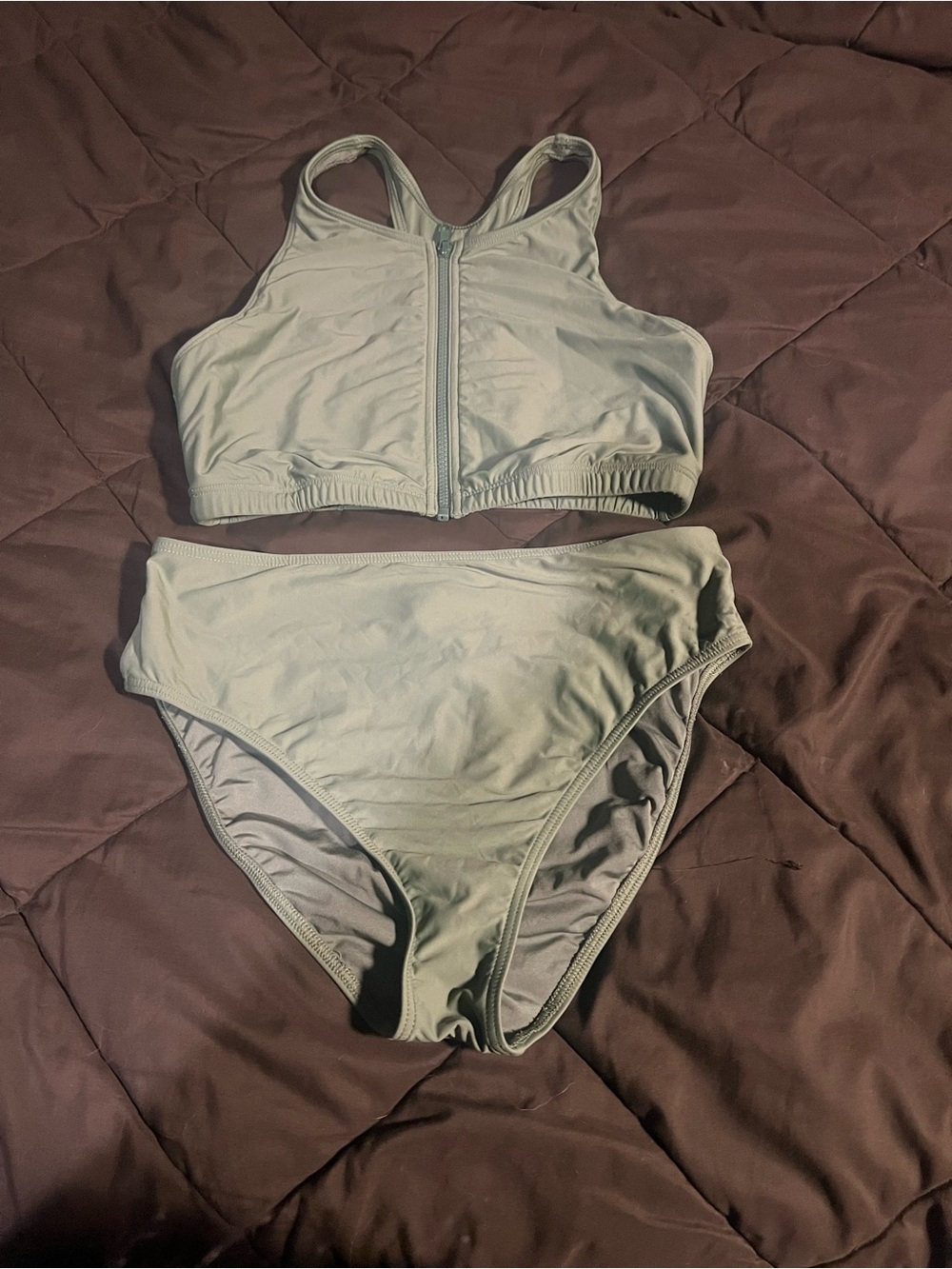 High-Neck Front-Zip Sports Bikini Set in Sage Green